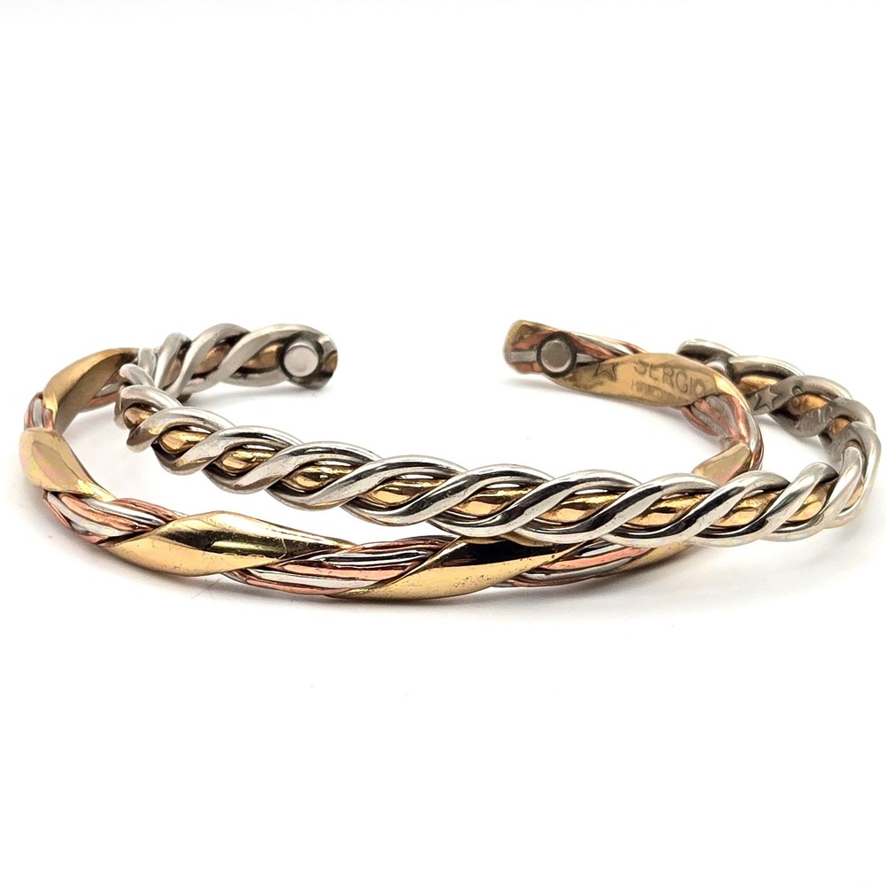 Sergio Lub Mixed Metal Magnetic Therapy Cuff Bracelets Set of 2 Handcrafted USA
